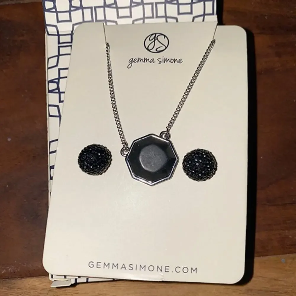 Gemma Simone Demi Silver Necklace & Earring Set Matte Black New in Box